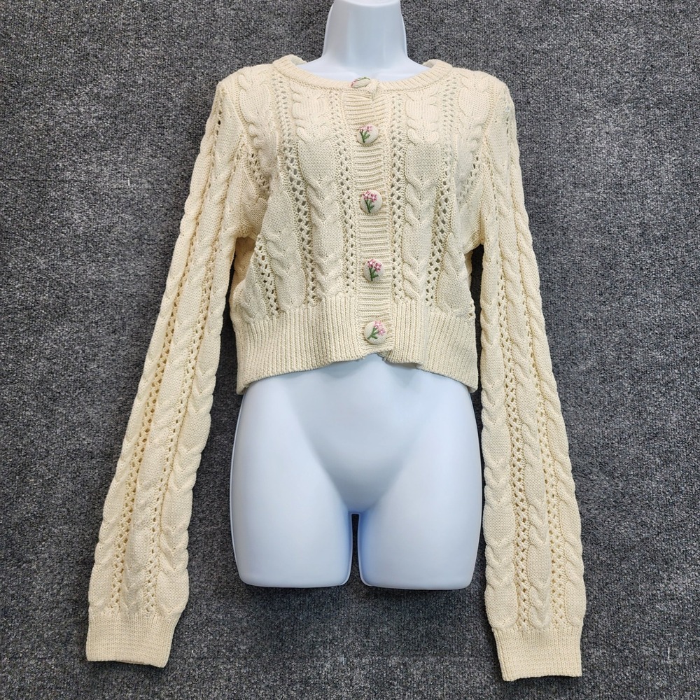 NWT Freshman 1996 Cable Knit Floral Button Cropped Cardigan Sweater L Coquette